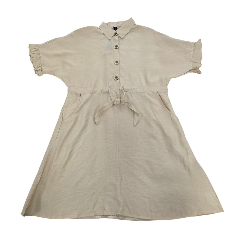 Sacred Threads Beige Linen Blend Button Front Tie Waist Midi Dress OS